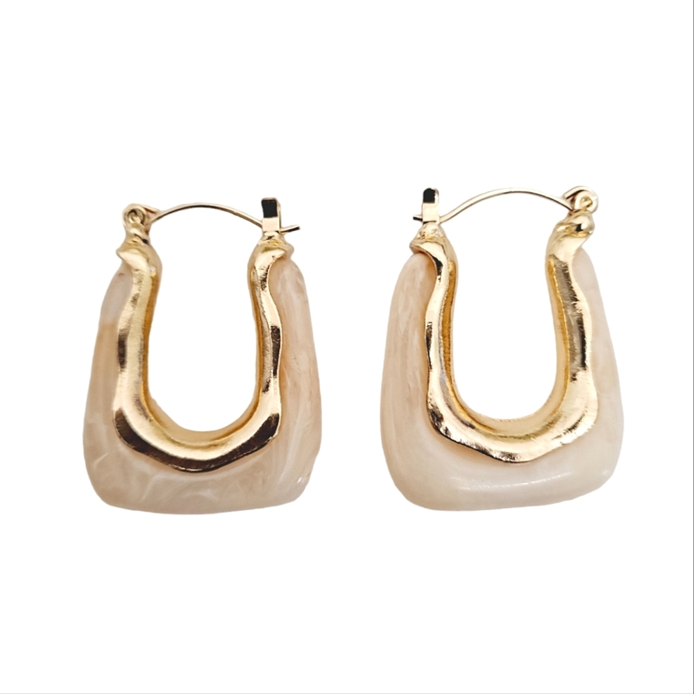 Chunky Gold Cream Resin U-Shaped Hoop Earrings Geometric Modern Statement ๐ - Picture 5 of 9
